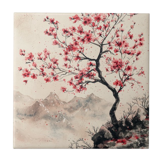 Crimson Sakura Mountain Serenity (1) Ceramic Tile (Front)