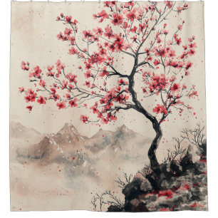 Crimson Sakura Mountain Serenity (1) Shower Curtain