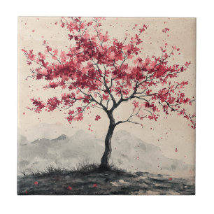 Crimson Sakura Mountain Serenity (2) Ceramic Tile