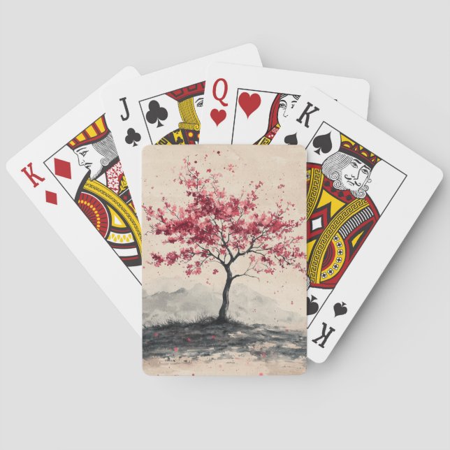 Crimson Sakura Mountain Serenity (2) Playing Cards (Back)