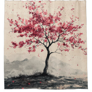 Crimson Sakura Mountain Serenity (2) Shower Curtain