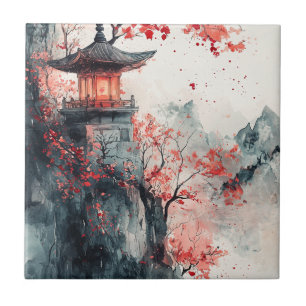 Crimson Sakura Pagoda Watercolor Ceramic Tile