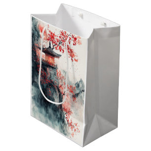 Crimson Sakura Pagoda Watercolor Medium Gift Bag