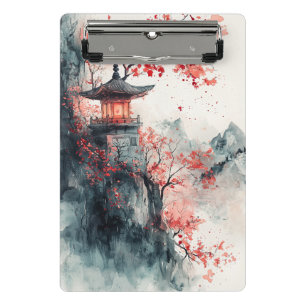 Crimson Sakura Pagoda Watercolor Mini Clipboard