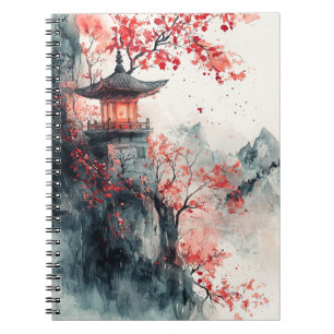 Crimson Sakura Pagoda Watercolor Notebook
