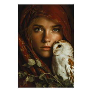 Crimson Scarf Snowy Owl Portrait Mystery Photo Print