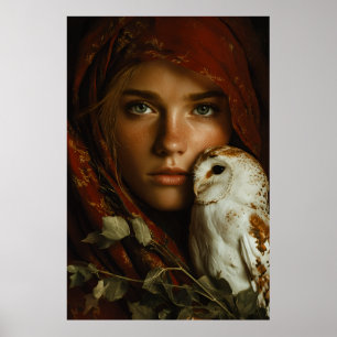 Crimson Scarf Snowy Owl Portrait Mystery Poster
