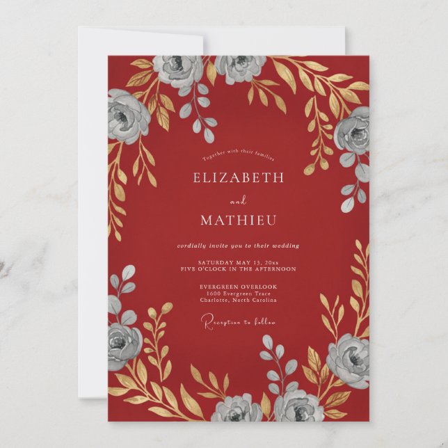 Crimson Silver Petal Wedding Invitation (Front)
