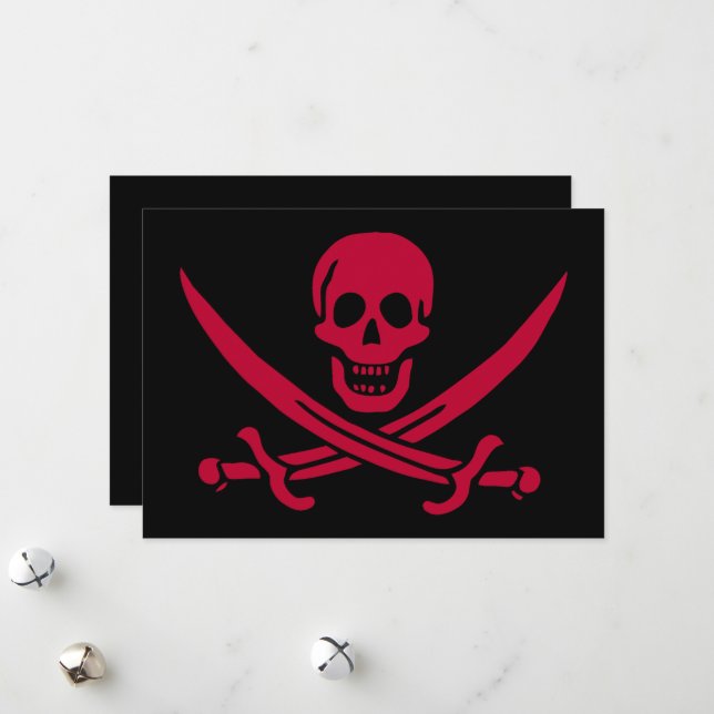 Crimson Skull & Swords Pirate flag of Calico Jack Holiday Card (Front/Back In Situ)