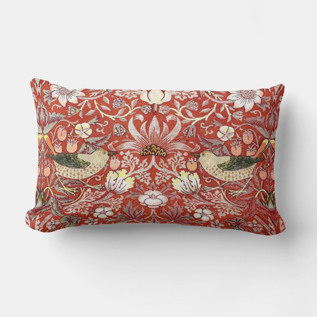 Crimson Strawberry Thief Lumbar Pillow (Front)