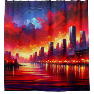 “Crimson Sunset Over City Skyline” Shower Curtain