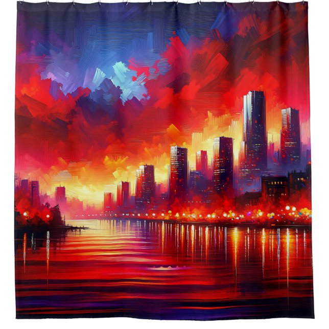 “Crimson Sunset Over City Skyline” Shower Curtain (Front)