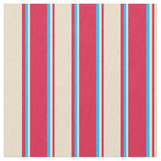 Crimson, Tan, and Deep Sky Blue Coloured Lines Fabric (Close Up)