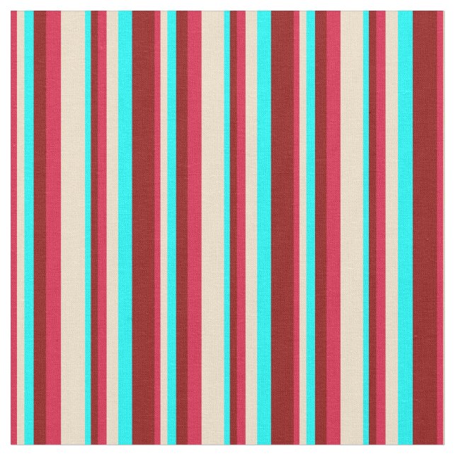 Crimson, Tan, Aqua, and Dark Red Stripes Pattern Fabric (Close Up)