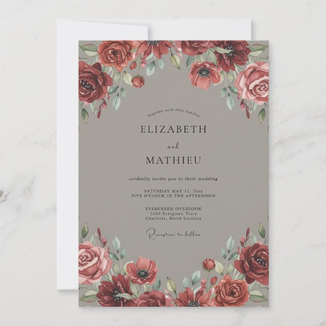 Crimson Taupe Peony Wedding Invitation (Front)