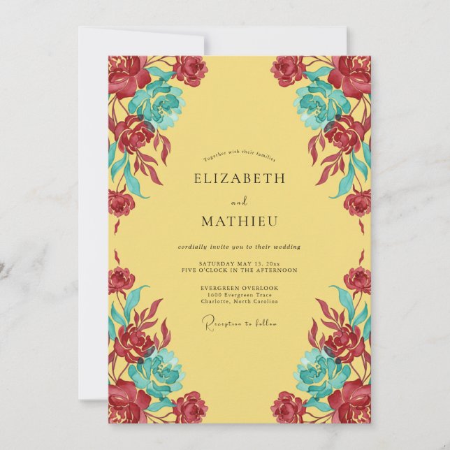Crimson Teal Leafy Wedding Invitation (Front)