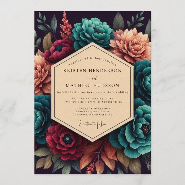 Crimson & Teal Opulent Bloom Wedding Invitation (Front)