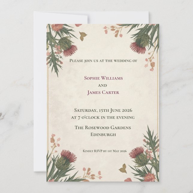 Crimson Thistle Botanical Corner Wedding Invitation (Front)