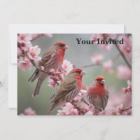 "Crimson Trio: Red Finches Amidst Pink Blooms"