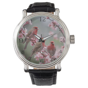 "Crimson Trio: Red Finches Amidst Pink Blooms" Watch