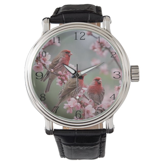 "Crimson Trio: Red Finches Amidst Pink Blooms" Watch (Front)