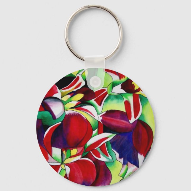 Crimson tropical Singapore Orchids flower art Key Ring (Front)
