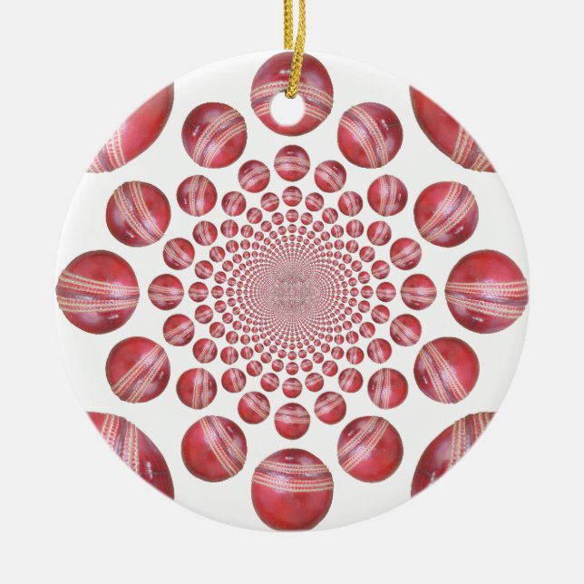 Crimson Vortex: Beautiful Red Cricket Ball Art Ceramic Ornament (Front)