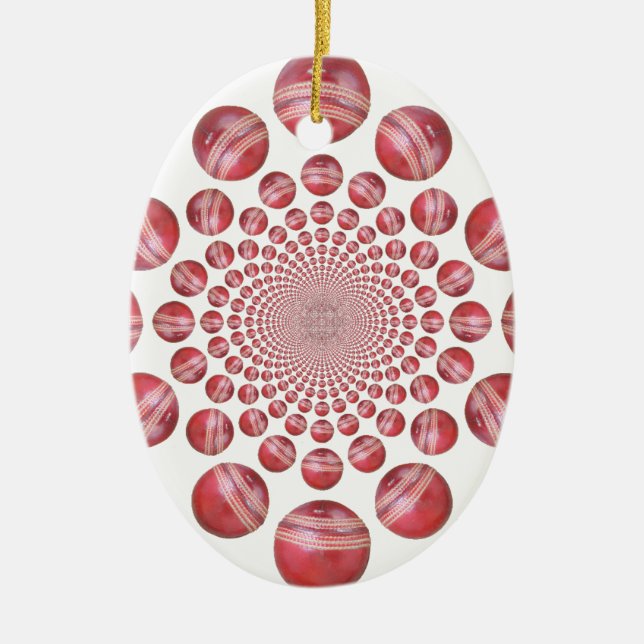 Crimson Vortex: Beautiful Red Cricket Ball Art Ceramic Ornament (Front)