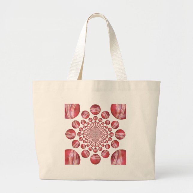 Crimson Vortex: Beautiful Red Cricket Ball Art Large Tote Bag (Front)