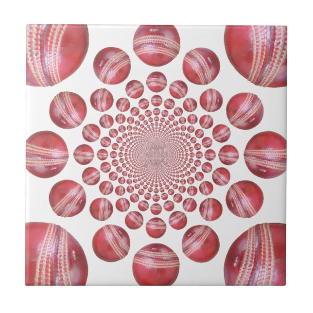 Crimson Vortex: Beautiful Red Cricket Ball Art Tile (Front)
