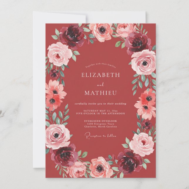 Crimson Warm Rose Wreath Wedding Invitation (Front)