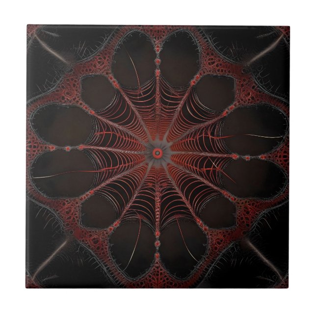 Crimson Web: Fractal Dance with the Redback Spider Ceramic Tile (Front)