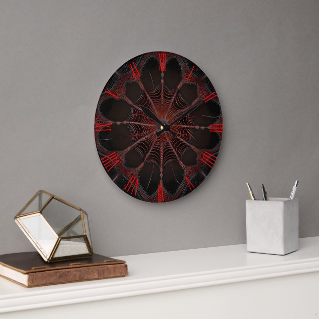 Crimson Web: Fractal Dance with the Redback Spider Large Clock (Office)