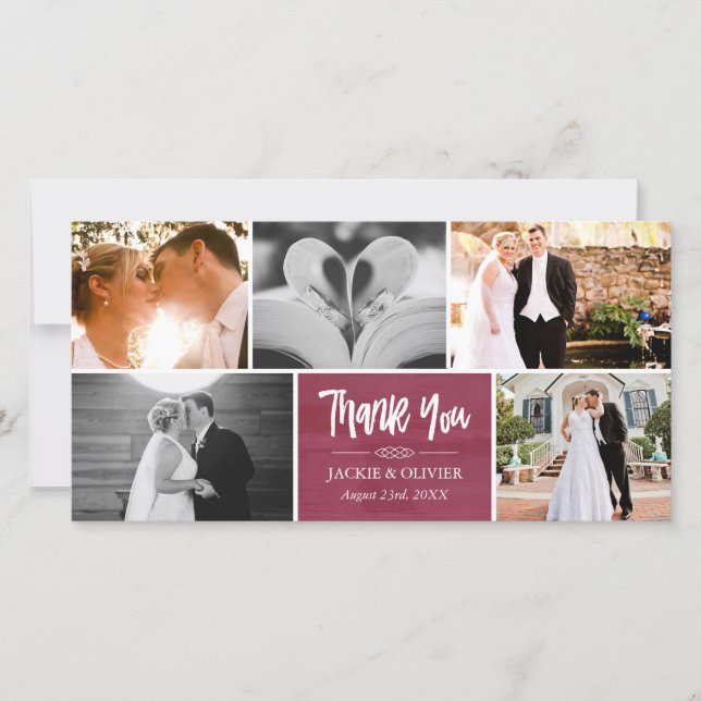 Crimson & White Wedding Photo Collage Thank You (Front)