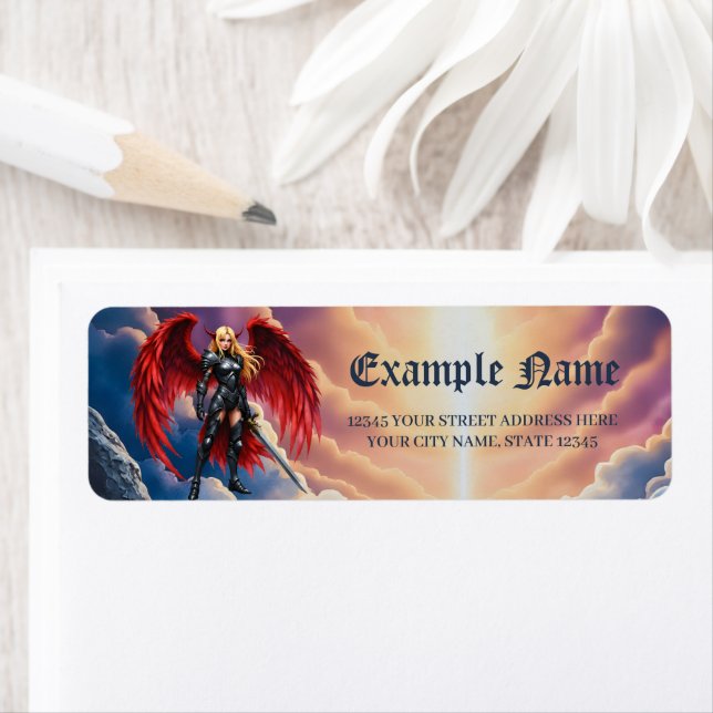Crimson Wing – Fallen Angel Warrior Return Address Label (Insitu)