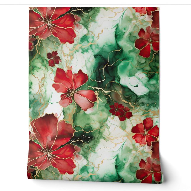 Crimson Yuletide Blooms Botanical Wallpaper (Unrolling)