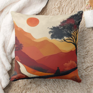 Crimson Zen Mountain Landscape Golden Sunset Art Cushion
