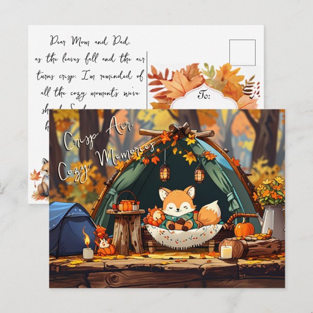 Crisp Air Cosy Memories Autumn Leaves Camping Fox Postcard (Front/Back)