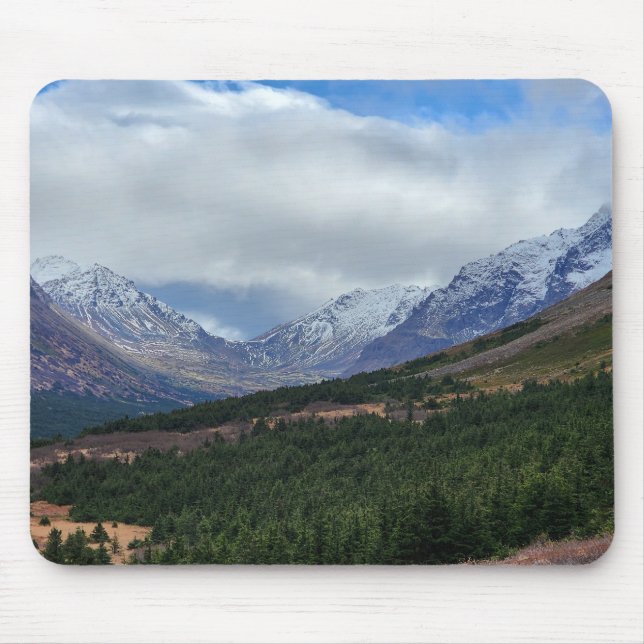 Crisp Mountain Valley View with Forest and Peaks Mouse Pad (Front)