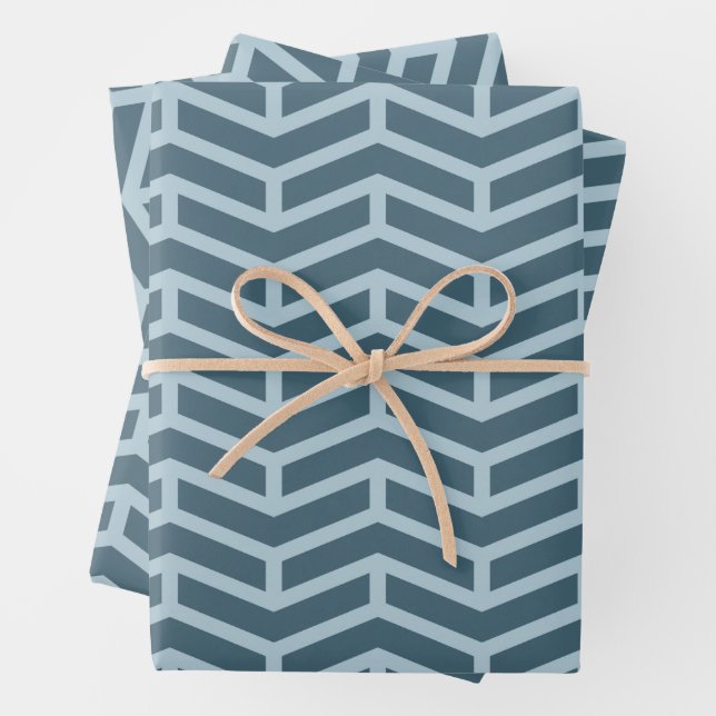 Crisp Sharp Opposing Arrows Chevron Two Tone Blues Wrapping Paper Sheet (In situ)