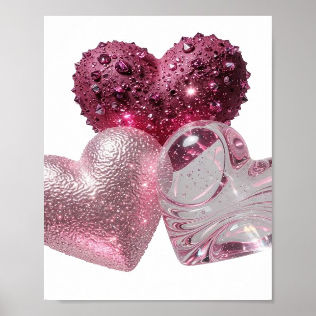 Crisp Silver THREE HEARTS 3D Text Art Poster (Front)