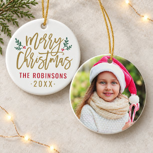 Crisp White Gold Script Merry Christmas Photo Ceramic Ornament