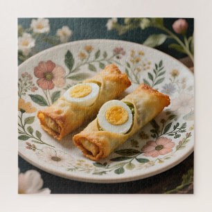 Crispy Egg Rolls on Floral Plate Jigsaw Puzzle