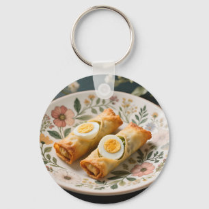 Crispy Egg Rolls on Floral Plate Key Ring