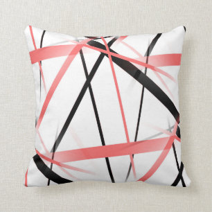 Criss Crossed Coral and Black Stripes on White Cushion