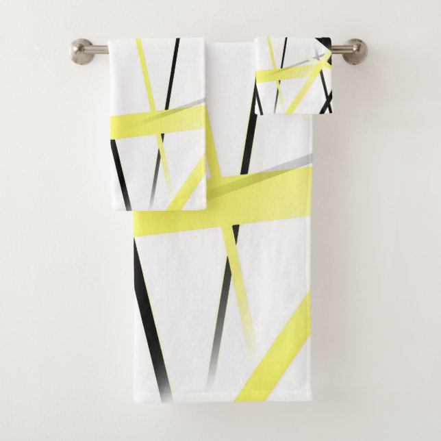 Criss Crossed Lemon Yellow and Black Stripes on Wh Bath Towel Set (Insitu)