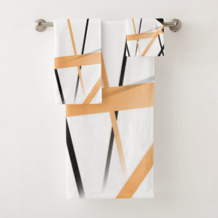 Criss Crossed Tangerine and Black Stripes on White Bath Towel Set