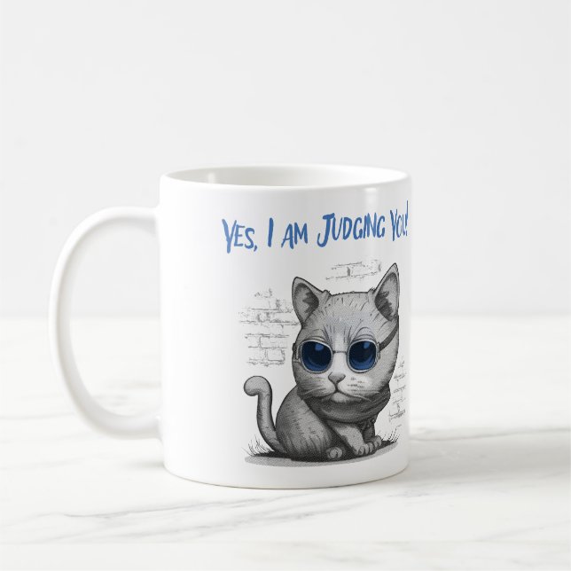 Critical Cat Judging You Blue Text Coffee Mug (Left)