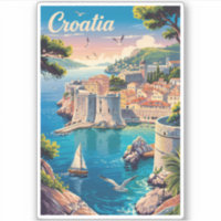 Croatia Dubrovnik Illustration Travel Art Vintage