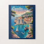 Croatia Dubrovnik Illustration Travel Art Vintage Jigsaw Puzzle<br><div class="desc">Croatia in a vector art style. From the walled city of Dubrovnik and Plitvice Lakes’ waterfalls to island hopping along the Dalmatian Coast,  Croatia offers a perfect blend of history,  adventure,  and seaside beauty.</div>